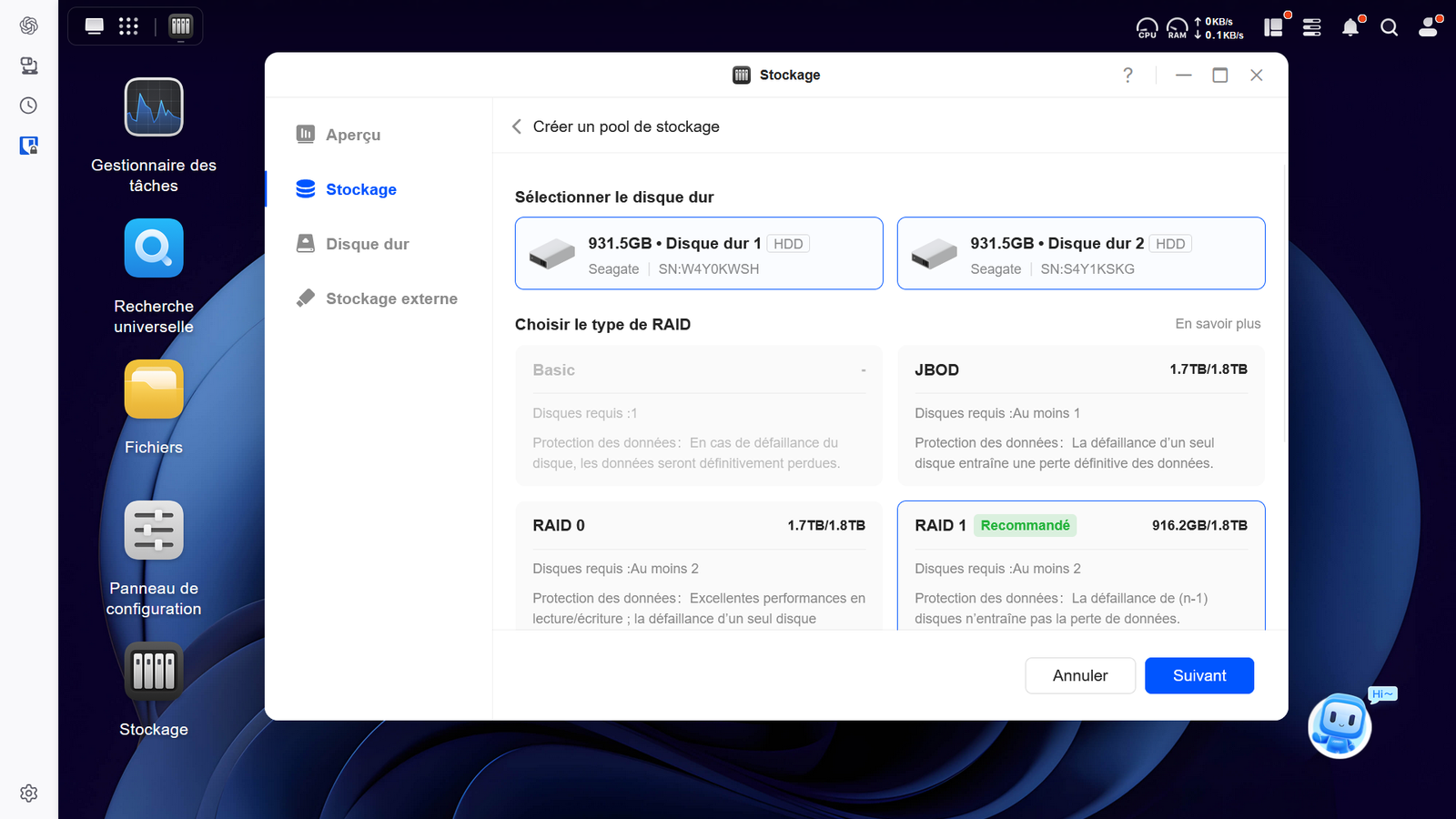 Interface de configuration NAS - Étape 2