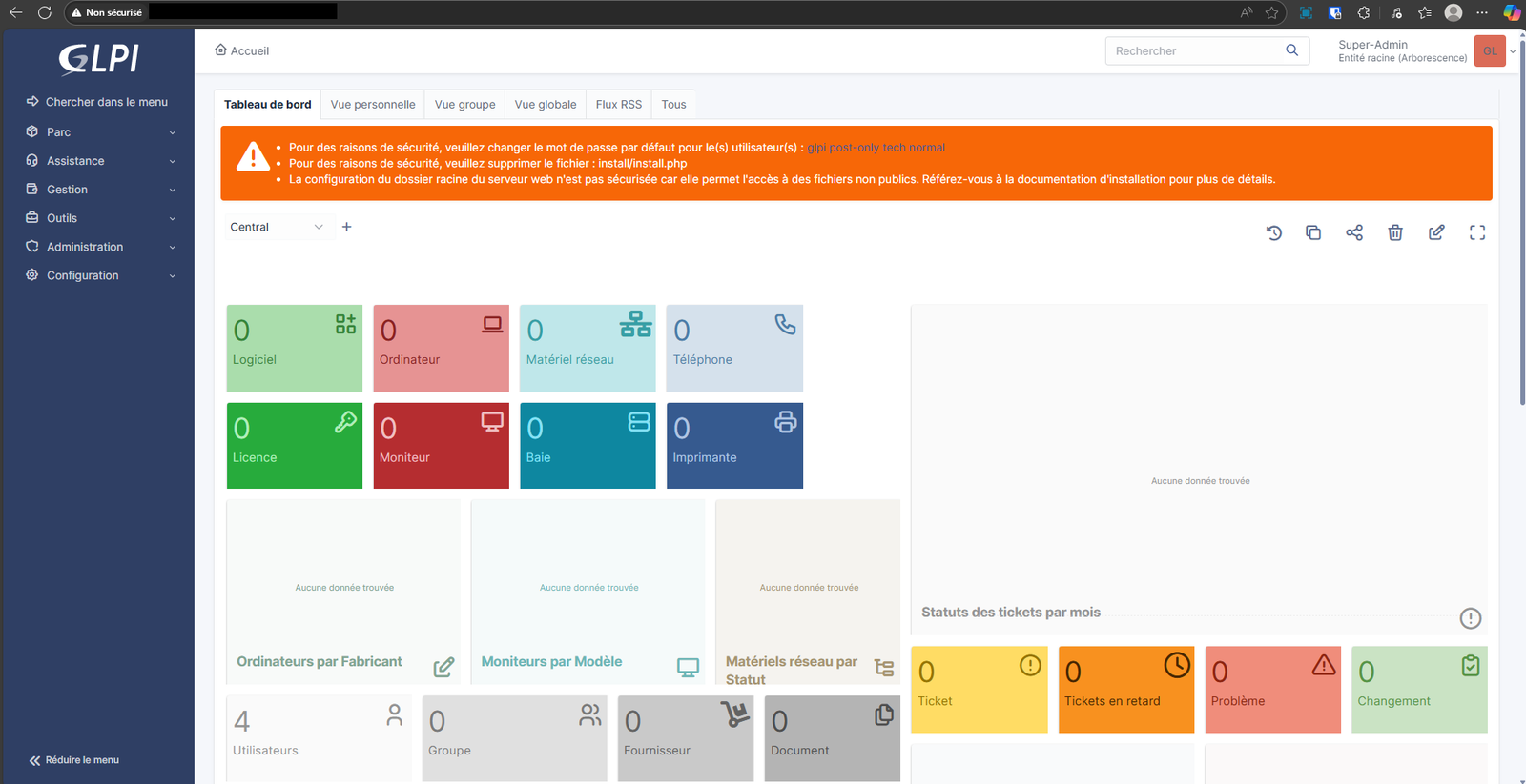 Tableau de bord du serveur GLPI