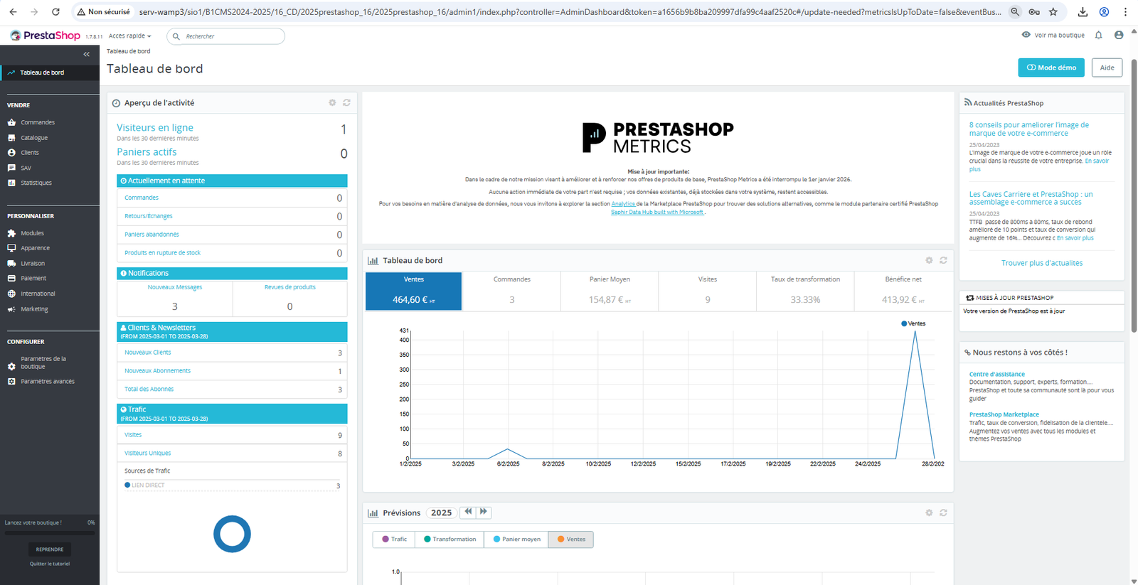 Tableau de bord PrestaShop