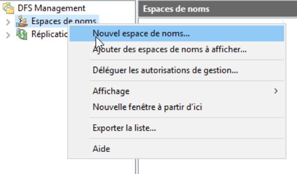 Menu Nouvel espace de noms