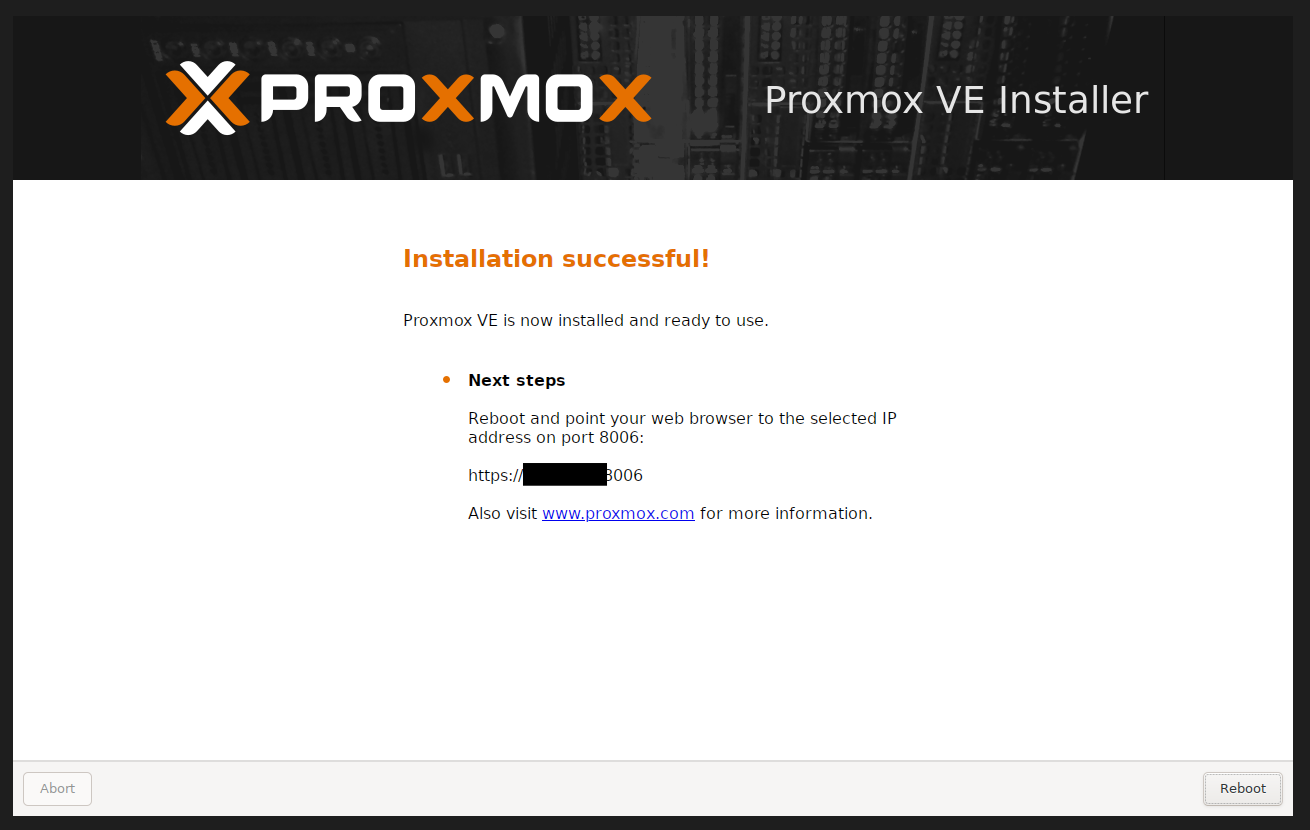Installation réussie Proxmox