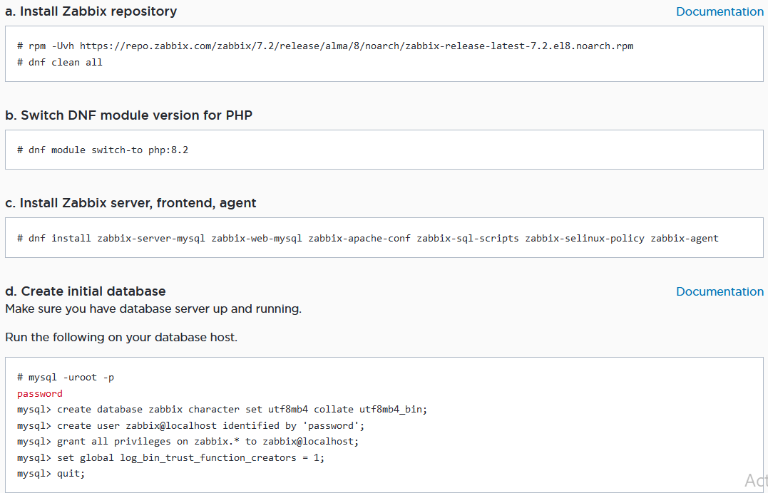 Commandes d'installation